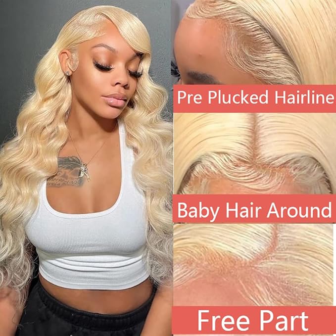 613 Blonde Human Hair Wigs 13X6 HD Transparent Lace Front Body Wave Wigs with Baby Hair for Black Women Pre Plucked Brazilian Virgin Hair Wig 180% Density 16 Inch