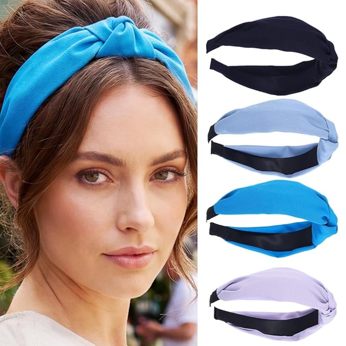 Wide Knotted Headbands, Non-Slip Hair Accessories for Women, 4-Pack (Navy Bright Blue Baby Blue Lavender)