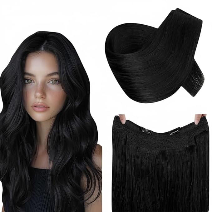 RUNATURE Wire Hair Extensions Real Human Hair 18 Inch, Invisible Fish Line Hair Extensions Straight Soft Hair, Black One Piece 80g #1 Jet Black