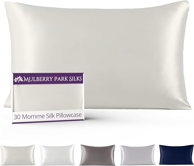 Mulberry Park 30 Momme 100% Pure Mulberry Silk Pillowcase - Luxury Charmeuse Weave for Hair and Skin, Cooling Silk Pillow Cover for Beauty Sleep - Queen Size 20"x30" / Ivory
