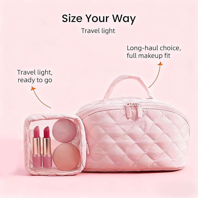 Petition Travel Makeup Bag for Woman,Festivalment Lay Flat Makeup Bag, Wide Open Water-Resistant Cosmetic Case,Puffy Padded Organizer for Toiletries & Brushes Large Capacity with Compartments (pink)