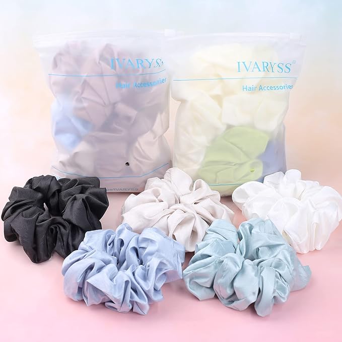 IVARYSS Big Scrunchies for Women Thick Hair, Premium Satin Softer than Silk, XL 6 Inch Extra Large Scrunchy Elastic Hair Bands Accessories, 6 Pack, Black