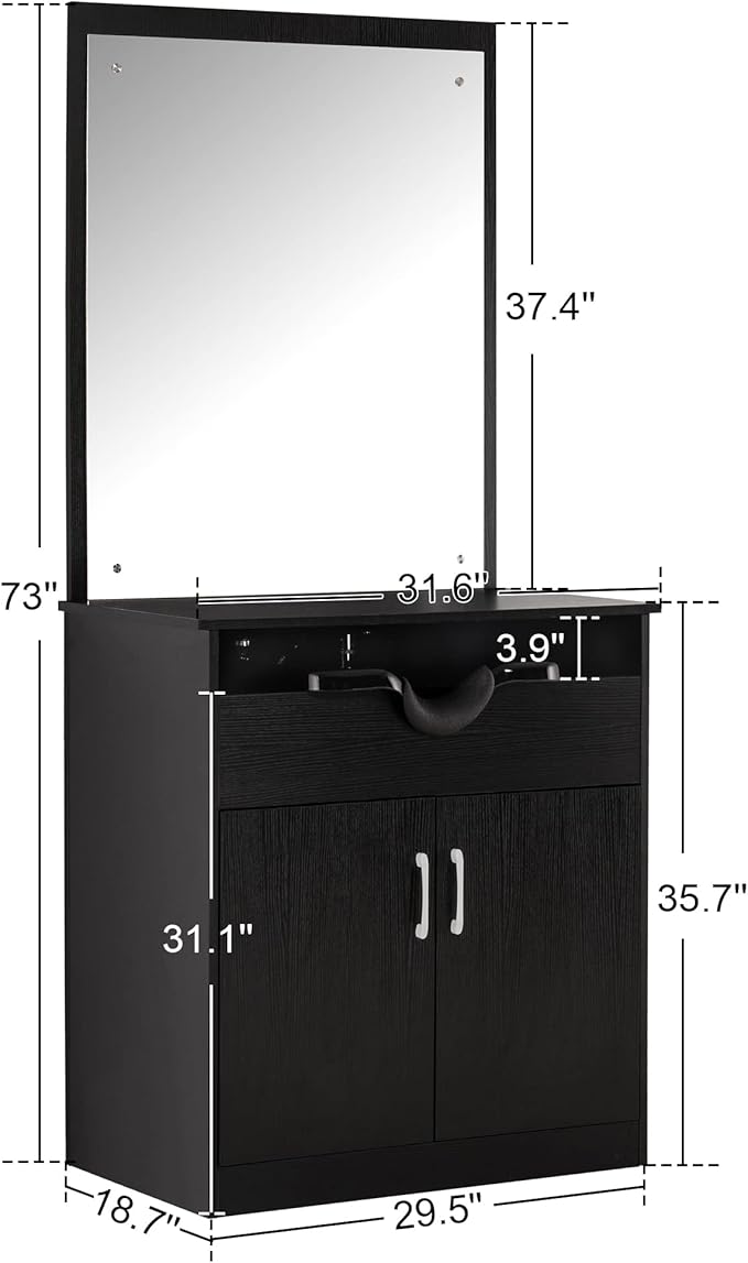 BarberPub Backwash Shampoo Bowl Sink Chair Station with Mirror Salon Styling Cabinet Spa Equipment 3130 (Black)