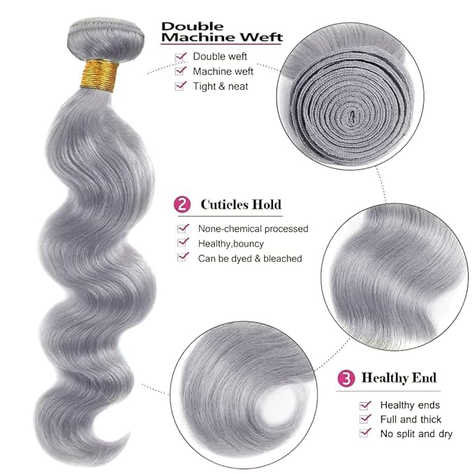 26 28 30 Inch Grey Body Wave Bundles Human Hair Light Grey Bundles Silver Human Hair Bundle Double Weft Virgin Remy Pure Grey Body Wave Bundle