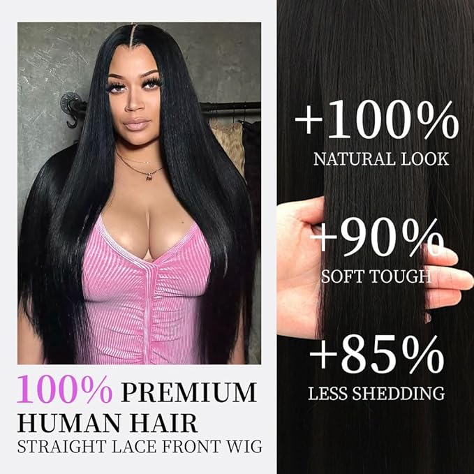 30 Inch 13x6 Lace Front Wigs Human Hair Full Real Virgin Hair 3X Longer Life Straight Wigs Human Hair 200% Density Soft Silky Smooth HD Lace Frontal Wig Tangle-Free Natural Black