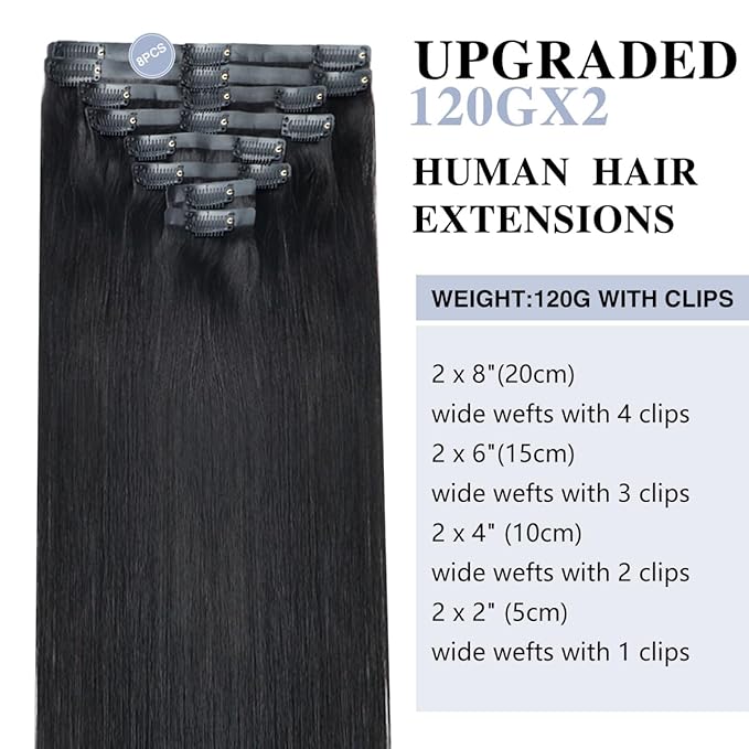Straight Clip in Hair Extensions Real Human Hair 2 Pack 240g Seamless Clip in Hair Extensions for Women Full Max with 16Pcs PU Skin Weft 18inch Natural Black