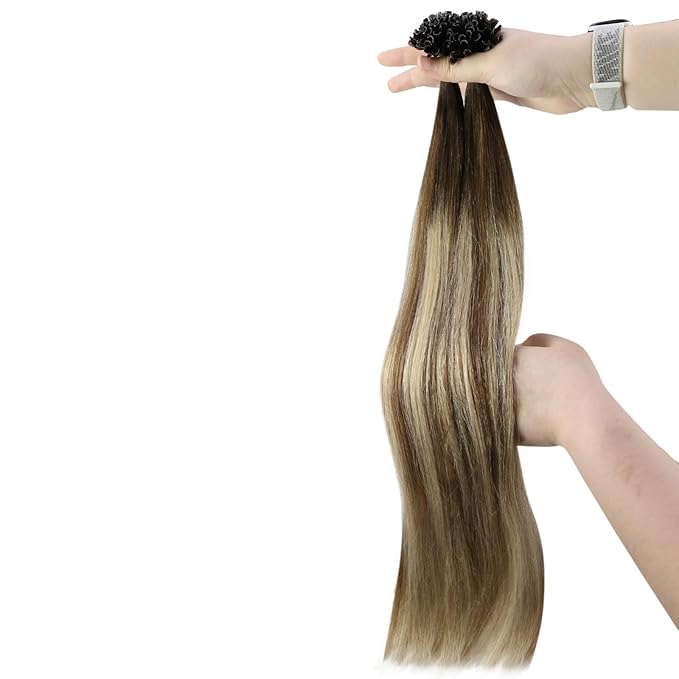 YoungSee U Tip Hair Extensions Human Hair Ombre Dark Brown to Brown with Blonde Keratin Human Hair Extensions 24In 1G/S 50G