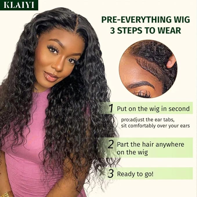 KLAIYI Pre Everything 13x4 Glueless Lace Front Wig Human Hair Water Wave Bye Bye Knots Put On and Go Wig Pre Cut Lace Pre Bleached Pre Plucked 30S Easy To Wear Beginner Curly Wig with Baby Hair 24Inch