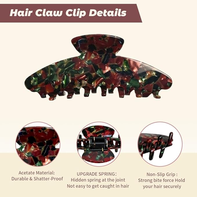 Large Hair Claw Clips, 4 Inch Strong Hold No Slip Grip Claws for Women - Premium Acetate French Clips for Thick or Thin Hair (Green & Red)
