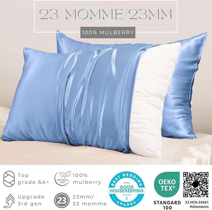 PROMEED Natural 23 Momme Silk Toddler Pillowcase for Baby Hair and Skin, Fits Pillow 13x18, Both Sides 100% Mulberry Silk Baby Travel Pillow Cases with Laundry Bag (Toddler/Travel-13 x18, Light Blue)