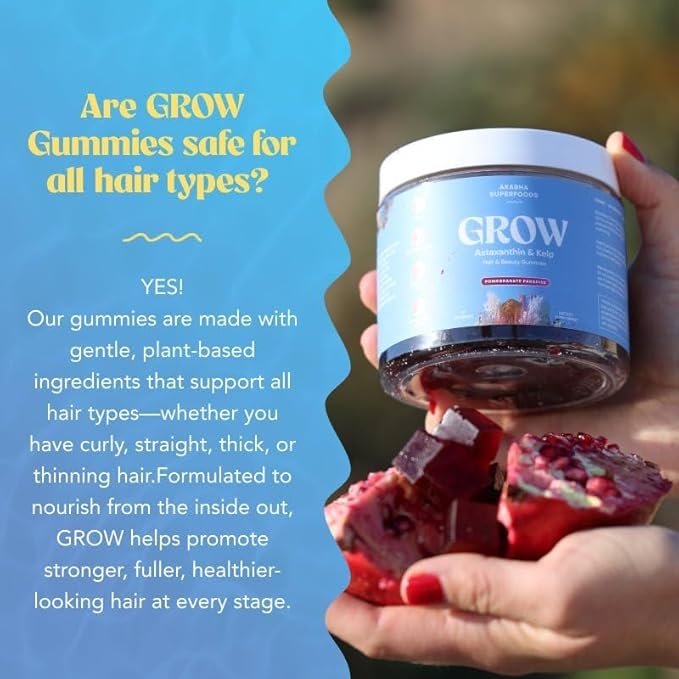 Akasha Superfoods Grow Hair & Beauty Gummies, Supplement with Zinc, Vitamin E, Astaxanthin, Kelp, & Pumpkin Seed, Plant Based Gummies for Women & Men, Gluten Free, Vegan, American Made, 60 Count