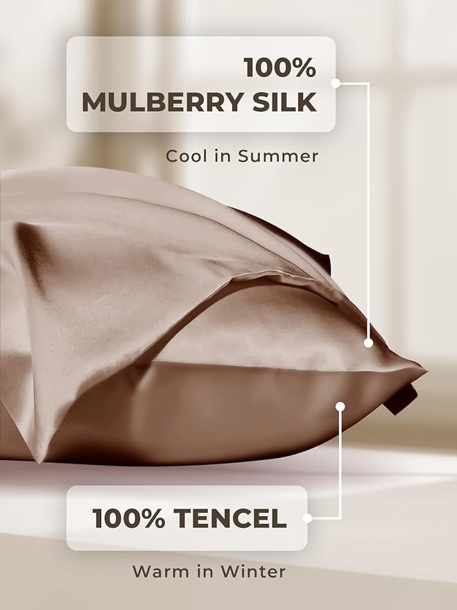 Mulberry Silk Pillowcase for Hair and Skin, SGMSILK 22 Momme Natural Silk Pillow Cases with Zipper, 6A Soft and Smooth Single Sided Pure Silk Pillow Cover (Dark Brown, Standard 20"x26")