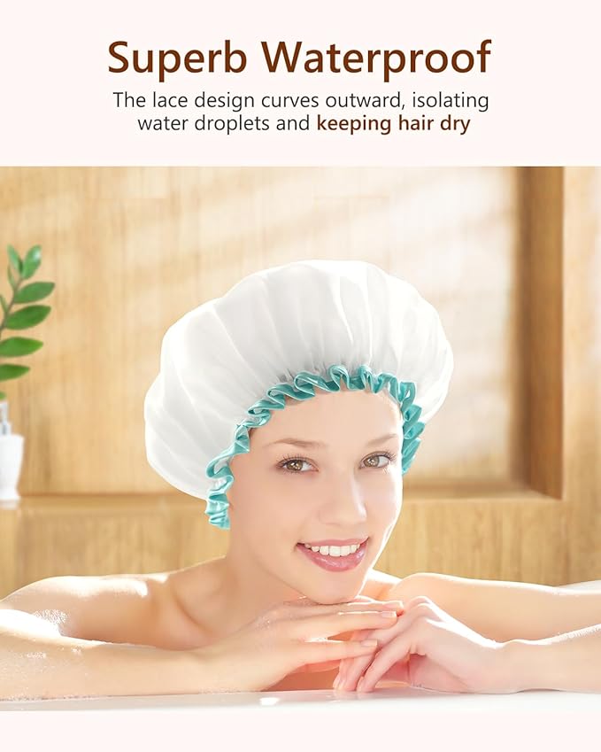 mikimini White Shower Cap for Women and Girls 2 Pack,Double Waterproof, Reusable,Washable, Super Cute and Soft,Comfortable
