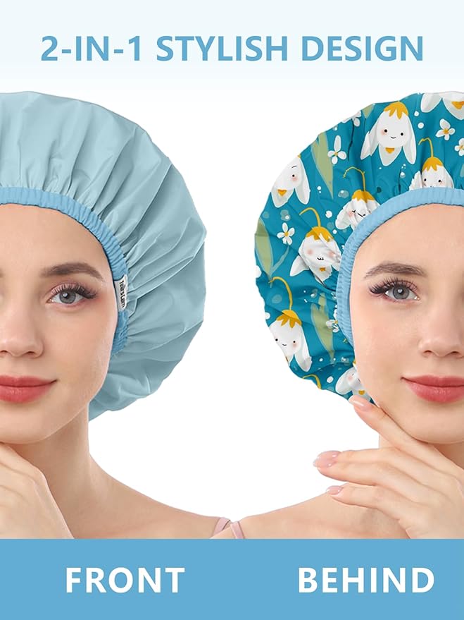 Years Calm Shower Caps For Women Reusable Waterproof，Pattern And Solid Color Dual-Layer Design For Dual-Layer Usable，Protects Hair In Shower, Spa, Cooking, Clean & Travel (Bell Orchid, One Size)