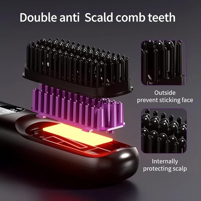 Cordless Hair Straightener Brush: Portable Rechargeable Heated Straightening Comb with LED Display & 3 Temperature Settings - Travel Hair Brush for Smooth Frizz-Free Styling (Pink)
