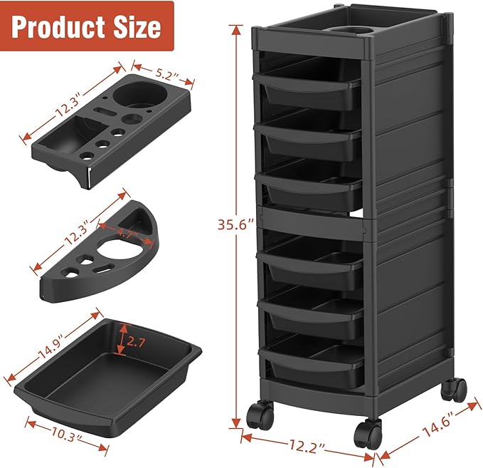 7-Layer Salon Trolley Cart with 6 Drawers, Professional Salon Rolling Cart with Wheels for Hair Stylist, Portable Barber Station with Extra Storage Space for Tattoo, Barber