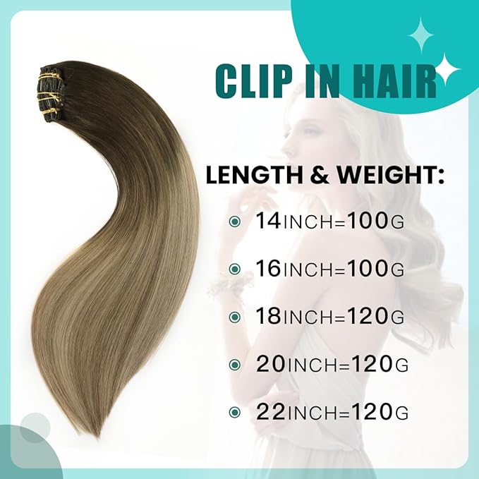 SURNEL Clip in Extensions Human Hair Dark Brown to Chestnut Brown and Dirty Blonde Clip in Hair Extensions 16inch 6pcs 100g(#2/6/18,16")