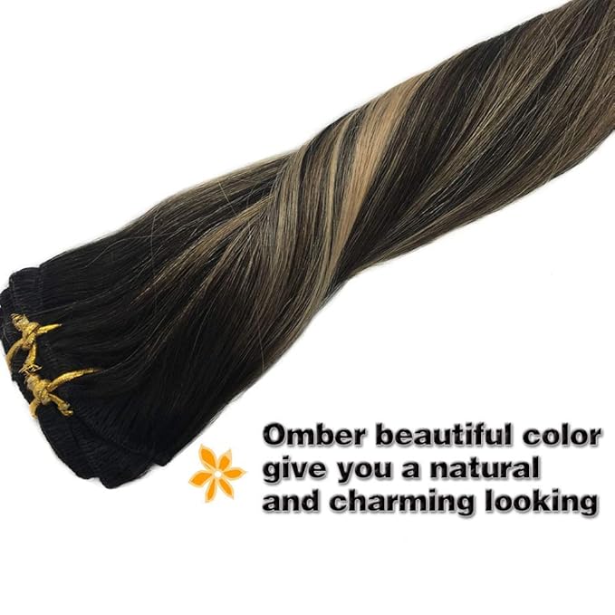 GOO GOO Clip in Hair Extensions Real Human Hair, Remy Human Hair Extensions Clip ins for Women, Natural Human Hair, 16inch 120g 7Pcs, 1B/16/1B Balayage Natural Black to Light Blonde