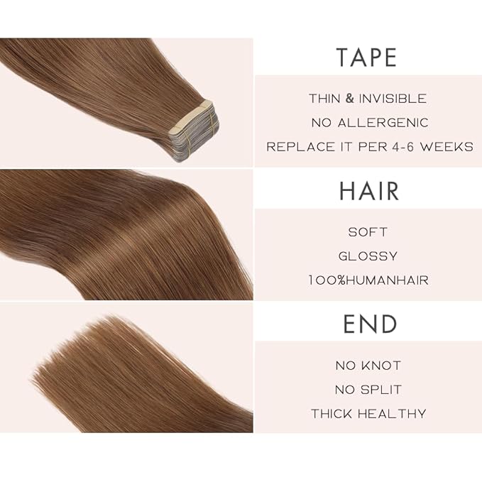 Tape Ins Hair Extensions Human Hair 20pcs 24 Inches Hair Extensions for White Women Invisible Seamless Tape in Extensions Human Hair Skin Weft Medium Brown (6#)
