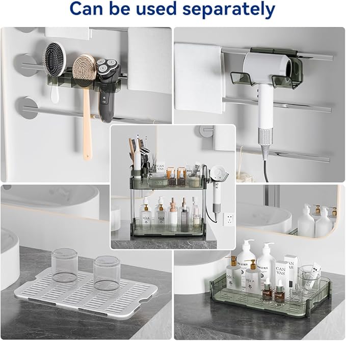 Bathroom Countertop Organizer,Makeup Counter Organizer With Hair Dryer Holder,Compatible with Dyson Blow Dryer,Electric Toothbrush And Toothpaste Holder,2-Tier Detachable Design,Gem Green