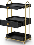 Barber Salon Trolley Cart w/Lockable Wheels, 3-Tier Rolling Beauty Cart with 2 Drawers & Dryer Holder, Mobile Beauty Trolley for Beauty Spa Barbershop(Black)