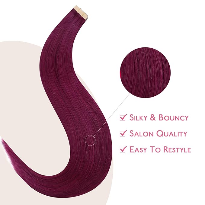 WENNALIFE Tape in Hair Extensions Human Hair Light Burgundy Tape in Extensions, 10pcs 20g 12 inch Remy Invisible Tape Ins Straight Colored Soft Real Human Hair Refill Set