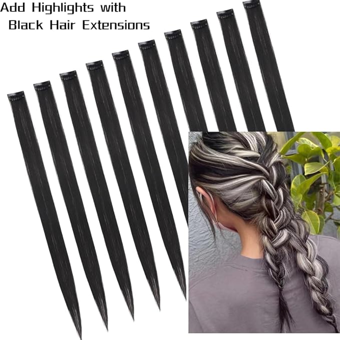 Black Hair Extensions Clip in for Kids Girls, 10 Pieces 22 Inch Long Straight Colored Streak Synthetic Accessories Hairpiece Clip ins, Play Party Highlights