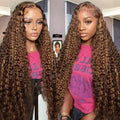 Highlight Ombre 13x6 Lace Front Wig Human Hair 210 Density 28 Inch Deep Wave Honey Blonde Glueless HD Transparent Lace Frontal Wigs for Women