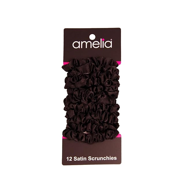 Amelia Beauty, Black Satin Small Scrunchies, 12-Pack – No Damage Hair Ties for Women, Gentle & Durable Hair Accessories, 2.5in x 0.5in