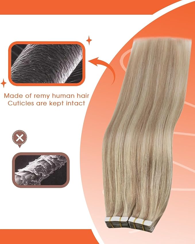 Sunny Hair Blonde Tape in Hair Extensions Human Hair Remy Hair Extensions Real Human Hair Tape in 18inch Human Hair Extensions Tape in 10Pcs 25g