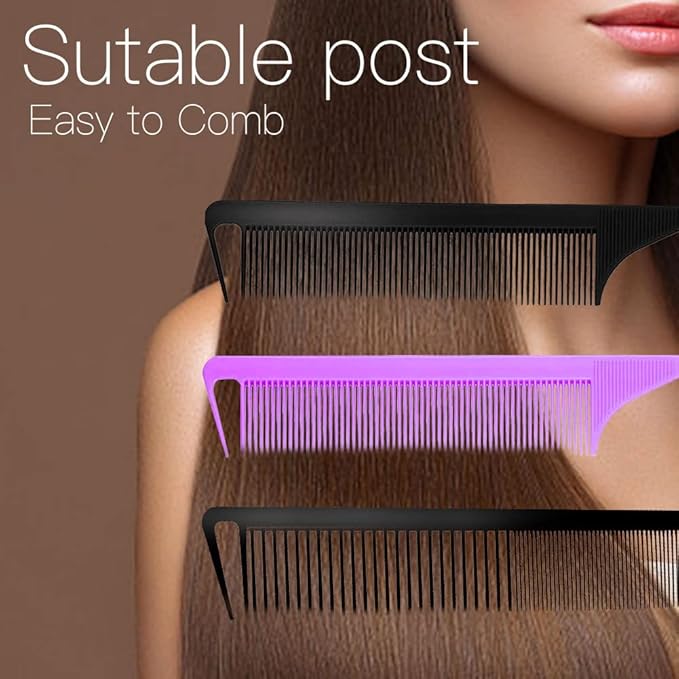 3 Pcs Rat Tail Comb Parting Comb for Braids Barber Styling Combs Carbon Fiber Teasing Combs Stainless Steel Pintail Comb for Women Men Fine Teeth Salon Hairdressing Hair Care Tools (Black+Purple+Black)
