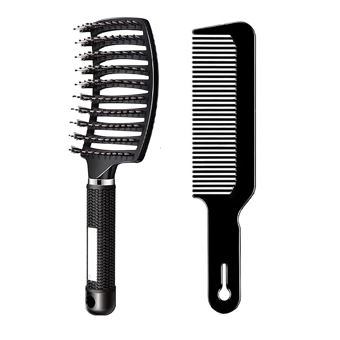 Voremy Magical Brush Detangler & Flat Hair Comb Set, Natural Boar Bristle Hair Brush Ultra Soft For All Hair Types - For Women, Men, Thick And Curly Hair (2 Pack)