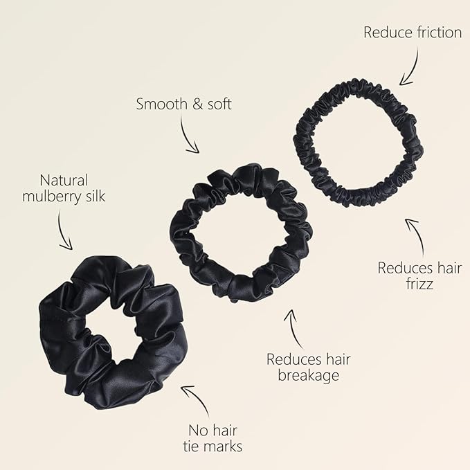 ZIMASILK 100% Mulberry Silk Hair Scrunchies – 19 Momme Elastic Silk Hair Ties for Women & Girls, Gentle No-Tug (3 Sizes, Black)