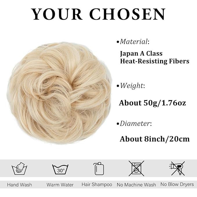 CJL HAIR Large Messy Bun Hair Piece Wavy Curly Scrunchies Synthetic Chignon Ponytail Hair Extensions Thick Updo Hairpieces for Women Light Champagne