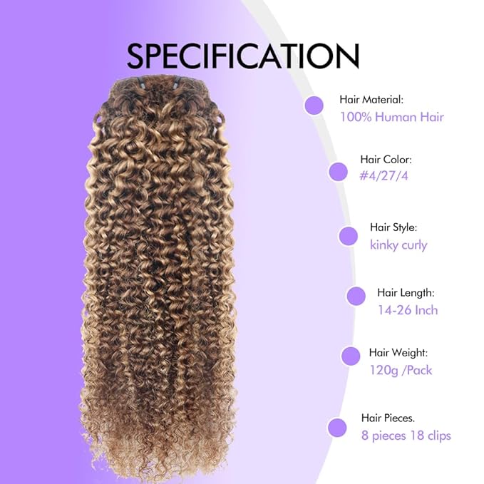 Curly Clip In Hair Extensions Real Human Hair Clip Ins Balayage Chocolate Brown to Caramel Blonde Human Hair Extensions 8Pcs with18clips 120g/Set (24 inch，#4/27/4)