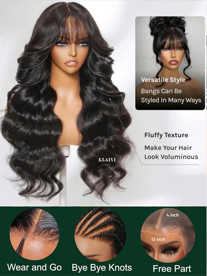 KLAIYI Pre Everything Glueless 13x4 Lace Front Wigs Human Hair Loose Body Wave Bye Bye Knots Pre Cut Lace Pre Bleached Pre Plucked 30S Ready to Wear And Go Frontal Wig with Natural Curtain Bang 22Inch
