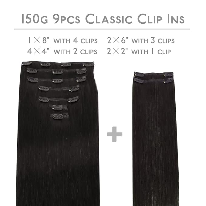 WENNALIFE Clip in Hair Extensions Real Human Hair, 150g 18inch 9pcs Natural Black Remy Hair Double Weft Extensiones De Cabello Humano Con Clip Ins
