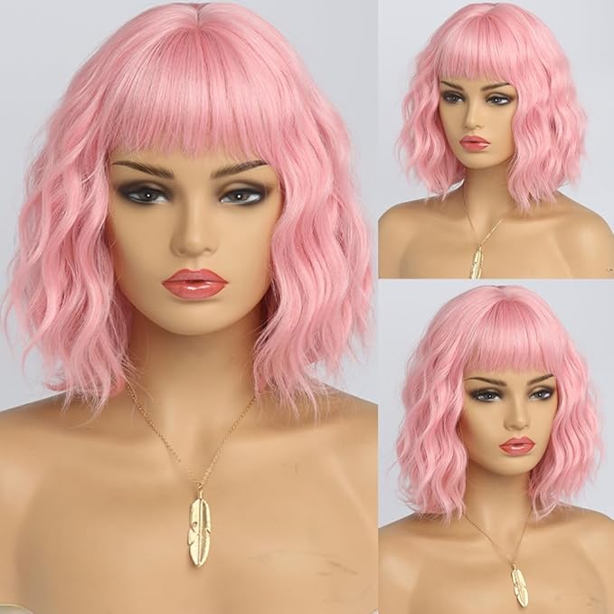 Short Pink Wig with Bangs Natural Looking Hair Wigs for Women Pink Wavy Medium Length Heat-Resistant Synthetic Fiber Hair Water Wave Bob Wig Colorful（14 Inches）