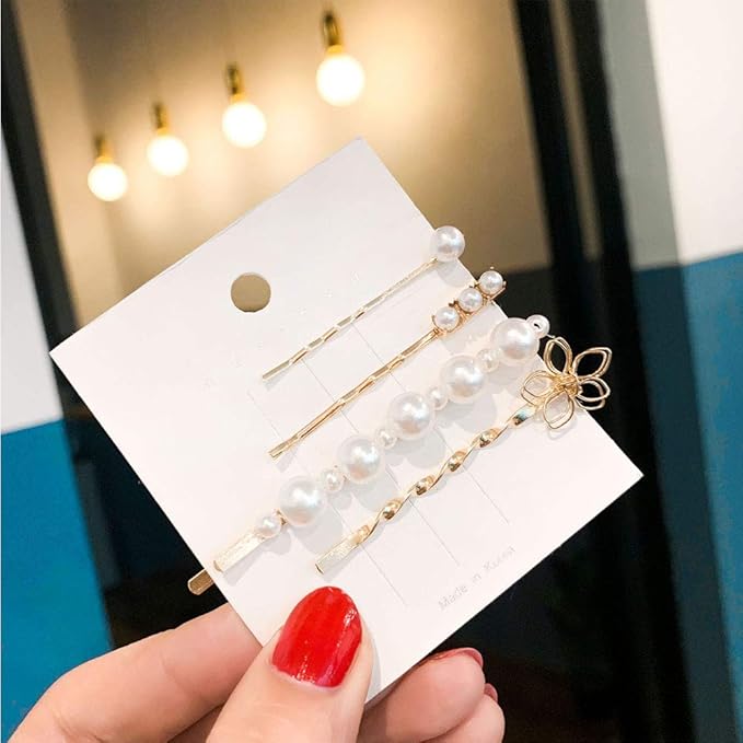 WHITEBRIDGE 12pcs Vintage Pearl Hair Bobby Pins Metallic Flower Barrettes Combination Hair Clips for Women Girls, Shiny Crystal Diamand Bobby Pins