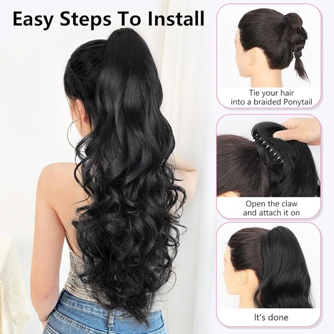 ALXNAN Ponytail Extension,24 Inch Claw Clip in Long Curly Wavy Omber Black to Pink Ponytail Hair Extension Jaw Clip on Pony Tails Hairpiece for Women