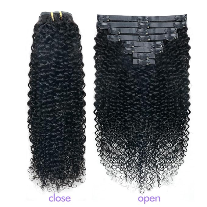 Seamless 3C 4A Kinky Curly Clip In Extension PU Weft Curly Clip in Extension Human Hair Clip Ins Full Head for Black Women Brazilian Remy Human Hair Natural Color 8Pcs with18clips 120g/Set (26 inch)