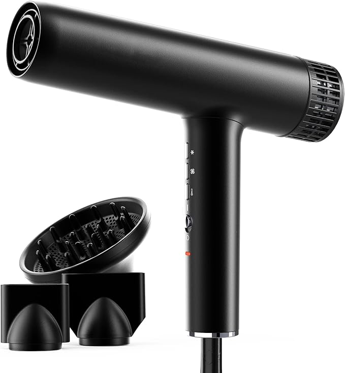 Hair Dryer, Professional Brushless Motor Ionic Hair Blow Dryer with Diffuser, Magnetic Nozzles, 0.83Pound, 2000W, 60dB, 3 Heat Settings & 3 Speed & Cold Settings, Diffuser Hair Dryer, Black