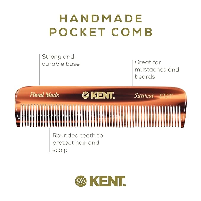 Kent A FOT Handmade Pocket Comb for Men, Women and Kids, All Fine Tooth Hair Comb Straightener for Everyday Grooming and Styling Hair, Beard and Mustache, Saw Cut and Hand Polished, Made in England