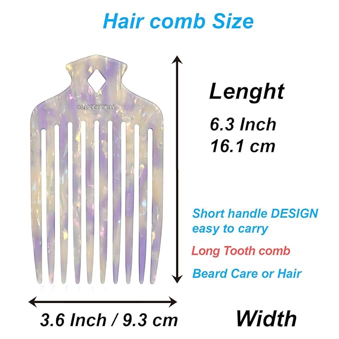 15N Professional Afro Hair Pick for Ultimate Curl Definition, Ideal for Men, Women, and Kids, Cellulose Acetate Long Tooth comb 6.3 inch(16cm)(White purple, 1 PACK)