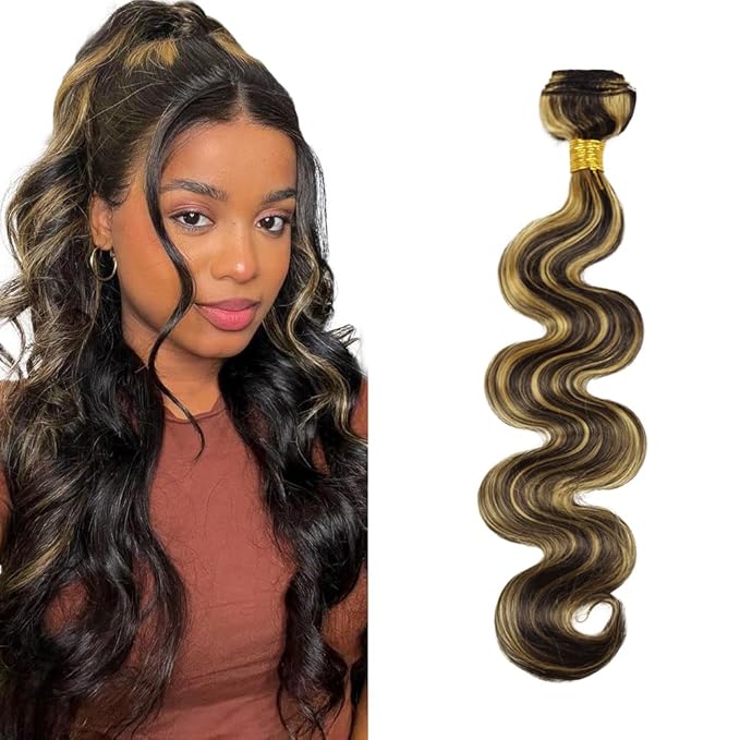 30 Inch Highlight Bundles Human Hair Blonde Body Wave Bundles Niegmeag Virgin Soft and Skily Remy Hair Extensions Double Weft 2 Tone Black and Honey Blonde Bundle