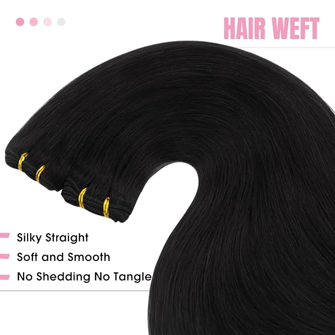 YoungSee Weft Hair Extensions Black Straight Human Hair Weft Extensions Jet Black Sew in Hair Extensions Real Human Hair for Natural Look 12Inch 70G