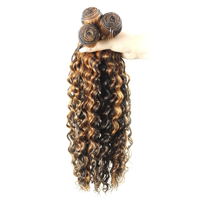 Highlight Bundles Human Hair P1B30 Deep Wave Bundle Brazilian Virgin Remy Hair 3 Bundles 12 14 16 Inch Niegmeag Double Weft 2 Tone Black and Light Brown Deep Wave Bundle