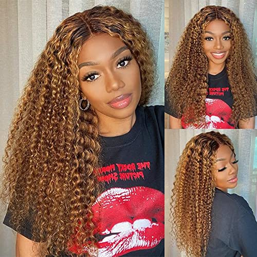 CYNOSURE 16 Inch Highlight Ombre Deep Curly Lace Front Wigs Human Hair Pre Plucked 180 Density Honey Blonde Jerry Curly Wig Human Hair 13x5 HD Transparent Lace Frontal Wigs Human Hair for Women