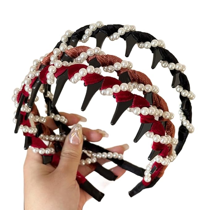 Vintage High Cranium Artificial Pearl Hairband, New Elegant Braided Pearls Headbands with Teeth for Women, Anti-slip Decorative Hair Bands Fashion Hair Accessories Gifts (3Pcs, One Size)