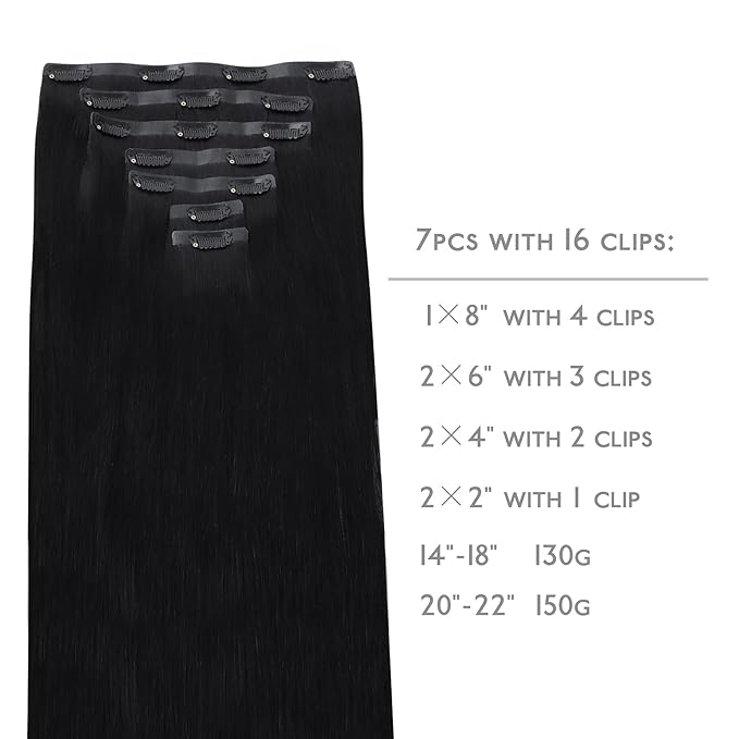 WENNALIFE Seamless Clip In Hair Extensions, 20 Inch 150g 7pcs Jet Black Hair Extensions Clip in Human Hair Invisible PU Skin Weft Natural Remy Human